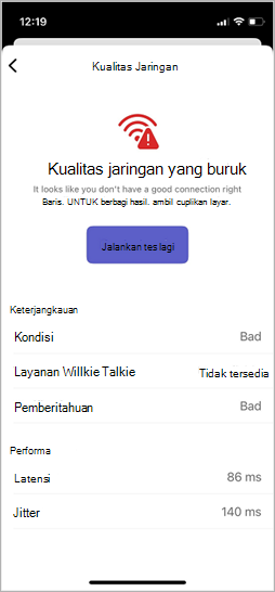 Layar Uji Kualitas Jaringan di Walkie Talkie