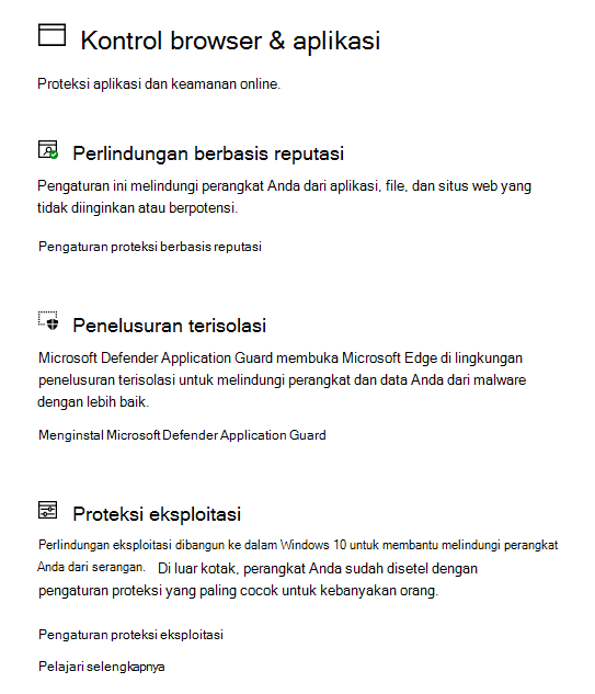 Kontrol browser & aplikasi di Keamanan Windows