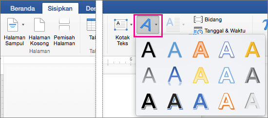 Tab Sisipkan dengan opsi WordArt disorot.