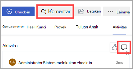 Cuplikan layar memperlihatkan ikon Komentar yang diuraikan dengan kotak merah untuk menunjukkan tempat Anda dapat memasukkan teks.