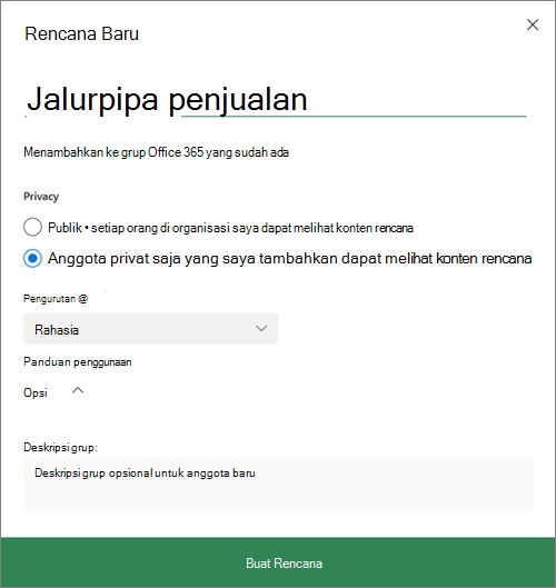 Cuplikan layar kotak dialog rencana baru