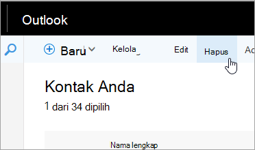 Cuplikan layar tombol Hapus di bawah bilah navigasi Outlook.