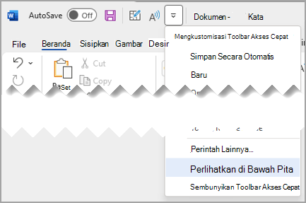 Menu menurun Bilah Alat Akses Cepat Perlihatkan di atas Toolbar