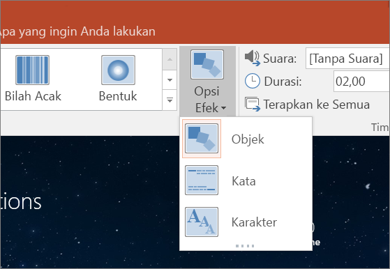 Memperlihatkan opsi efek transisi untuk transisi Morf di PowerPoint 2016