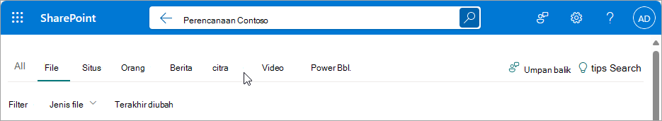 Saat Anda mencari di SharePoint, filter muncul untuk membantu memperbaiki pencarian Anda.
