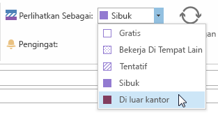 Memperlihatkan status saya selama rapat ini sebagai Di Luar Kantor