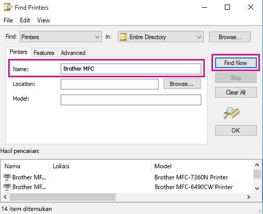 Dalam kotak Nama, ketikkan nama printer, atau biarkan kosong jika Anda tidak mengetahui namanya. Lalu klik Temukan Sekarang.