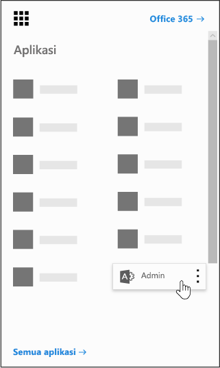 Peluncur aplikasi Office 365 dengan aplikasi Admin disorot