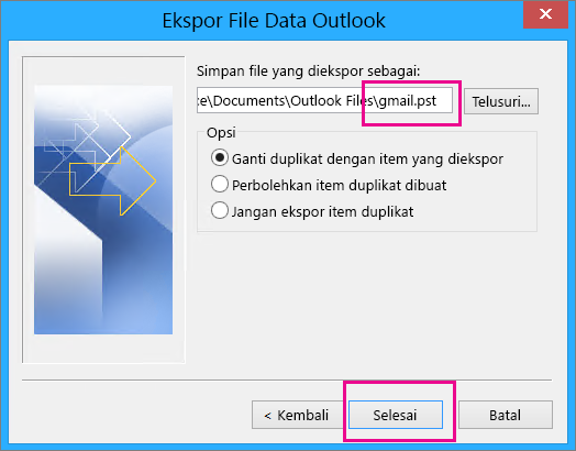 Telusuri ke lokasi tempat Anda ingin membuat file pst yang akan menyimpan pesan Gmail Anda, dan ketik nama untuk file pst tersebut.