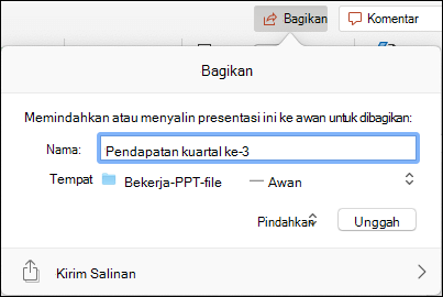 Kotak dialog menawarkan untuk mengunggah presentasi ke penyimpanan cloud Microsoft Anda untuk berbagi tanpa hambatan.