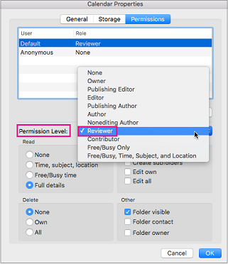 Dialog izin kalender dengan izin Peninjau disorot