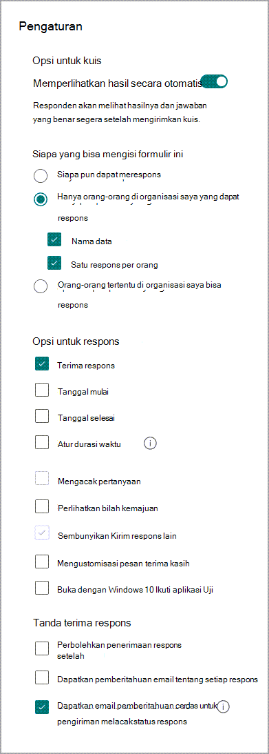 layar pengaturan untuk mengaktifkan dan menonaktifkan pemberitahuan formulir