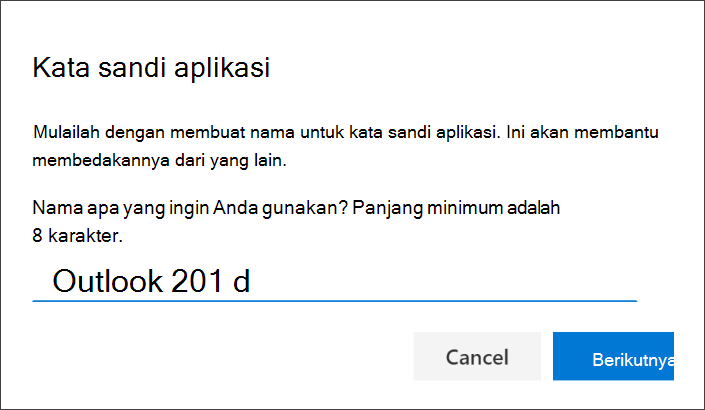 Cuplikan layar yang memperlihatkan halaman "Kata sandi aplikasi", dengan nama aplikasi yang dimasukkan