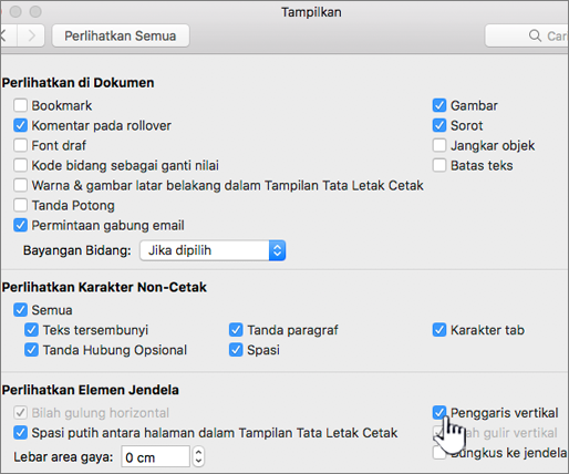 Penggaris vertikal disorot dalam kotak dialog Tampilan.