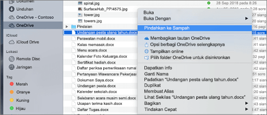 Pilihan menu klik kanan untuk menghapus file dari OneDrive di Pencari Mac