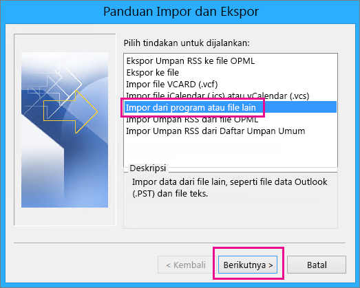 Memilih untuk mengimpor email dari program atau file lain