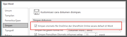 Dialog File > Opsi > Simpan memperlihatkan kotak centang untuk mengaktifkan atau menonaktifkan simpan otomatis