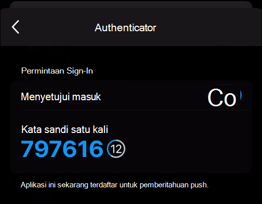 Kode akses satu kali diperlihatkan di tab Autentikator outlook seluler