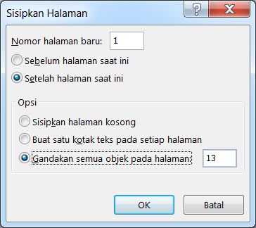 Kotak dialog untuk menyisipkan halaman Publisher