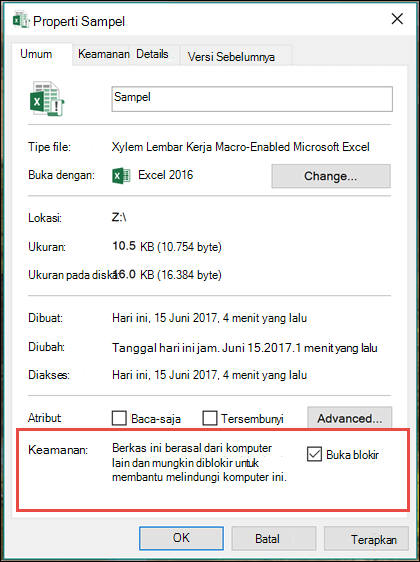 Klik kanan file Anda di Windows Explorer untuk membuka blokir makro.