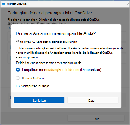 cuplikan layar onedrive cadangan satu versi tiga