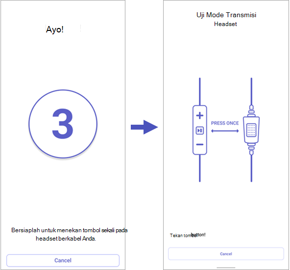 Cuplikan layar memperlihatkan hitungan mundur uji mode transmisi headset Walkie Talkie