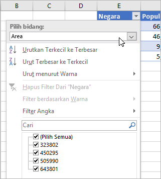 Menu Filter, menu Tampilkan Nilai, bidang dari tipe data tertaut yang tercantum