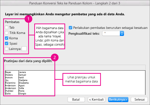 Langkah 2 dalam panduan, Di bawah Pembatas, pilih cara memisahkan data Anda; Di bawah Pratinjau, Anda bisa melihat pratinjau data Anda