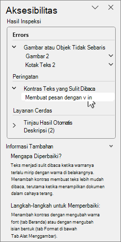 Panel aksesibilitas dengan hasil Inspeksi