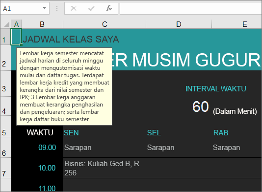 Templat baru Manajer Mata Kuliah Excel dengan deskripsi untuk elemen.