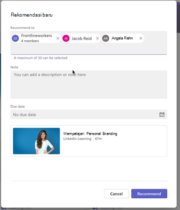 jendela rekomendasi grup baru dengan opsi untuk menambahkan catatan dan deskripsi.