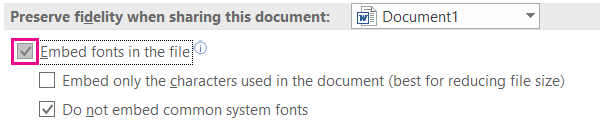 Menggunakan Opsi > File untuk mengaktifkan penyematan font untuk file Anda