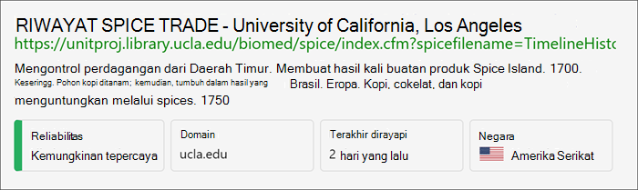 Cuplikan layar yang memperlihatkan indikator keandalan sebagai "kemungkinan dapat diandalkan" ini akan terjadi ketika newsguard belum memberi peringkat pada situs tetapi memiliki domain .edu atau .gov, karena situs tersebut biasanya tepercaya