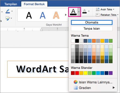 Tab Format Bentuk dengan opsi Isian Teks disorot.