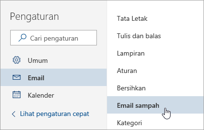 Cuplikan layar menu Pengaturan dengan email Sampah dipilih