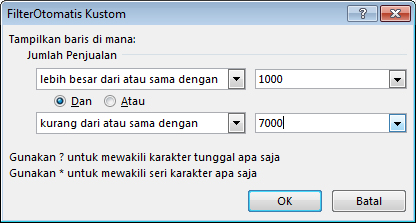 Kotak dialog FilterOtomatis Kustom