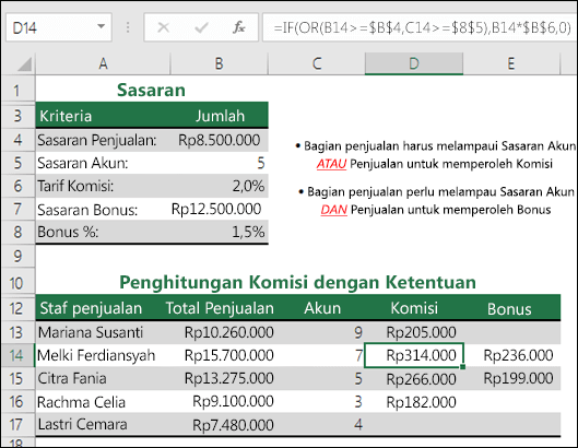 Contoh penggunaan IF dan OR untuk menghitung komisi penjualan.