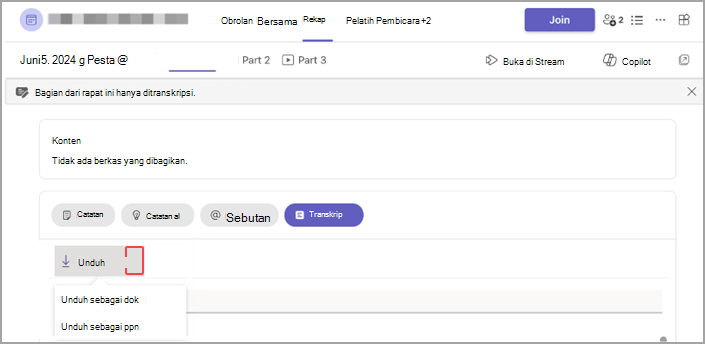 Unduh transkrip dari tab Rekap rapat Anda.