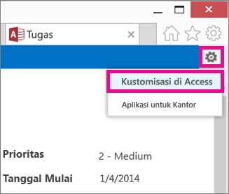 Perintah Kustomisasi di Access pada gerigi menu Pengaturan