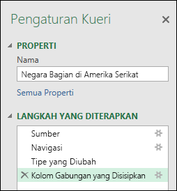 Jendela langkah yang diterapkan di Gabungkan kolom dari contoh di Power Query