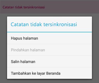 Menu catatan di OneNote untuk Android