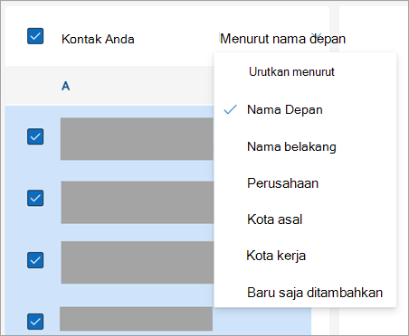 Cuplikan layar opsi untuk mengurutkan kontak