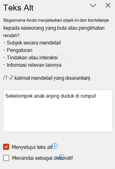 Teks alt otomatis diperlihatkan di panel Teks Alt dengan kotak centang Setujui teks alt dipilih.