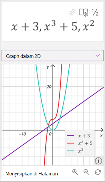 cuplikan layar asisten matematika menghasilkan grafik dari tiga persamaan, x plus 3 berwarna ungu, x ke yang ketiga ditambah 5 dalam warna merah, dan x kuadrat dalam warna hijau.