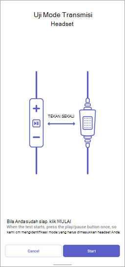 Cuplikan layar uji mode transmisi headset di Walkie Talkie, memperlihatkan tombol Mulai.