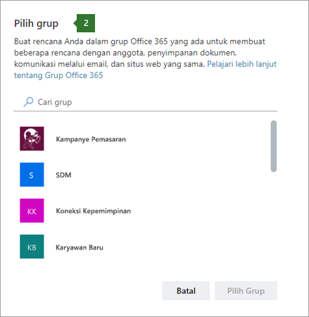 Cuplikan layar kotak dialog Pilih grup