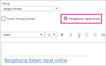 Tombol pengaturan rapat online di Outlook Web App