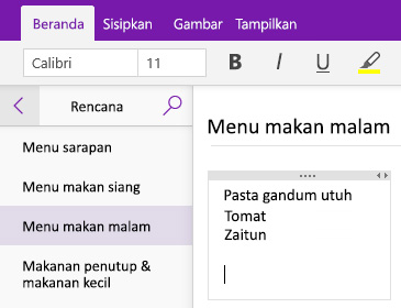 Cuplikan layar wadah catatan pada halaman di OneNote