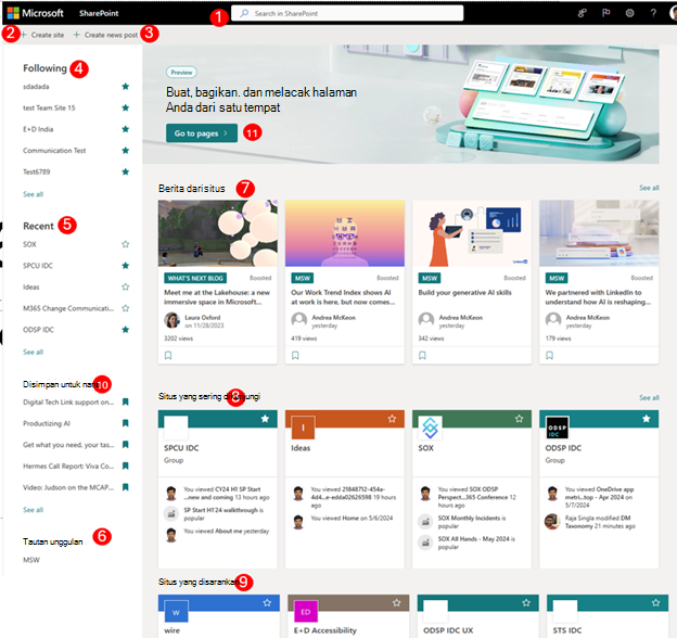 Cuplikan layar halaman mulai SharePoint baru