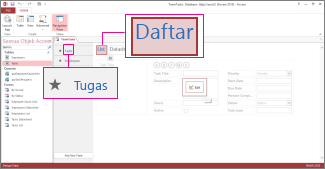 Tampilan Tabel Tugas dan Daftar dalam desain Aplikasi